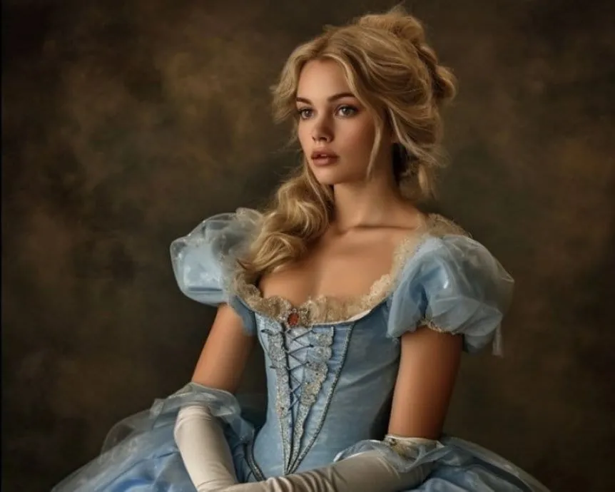 Imagem da Cinderela da vida real, uma jovem loira, de cabelos meio presos e vestido azul