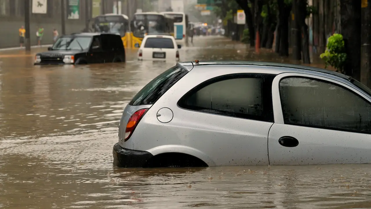 Carros parcialmente submersos em uma rua alagada devido a fortes chuvas. Veículos estacionados e em movimento enfrentam grandes volumes de água que cobrem boa parte das rodas.