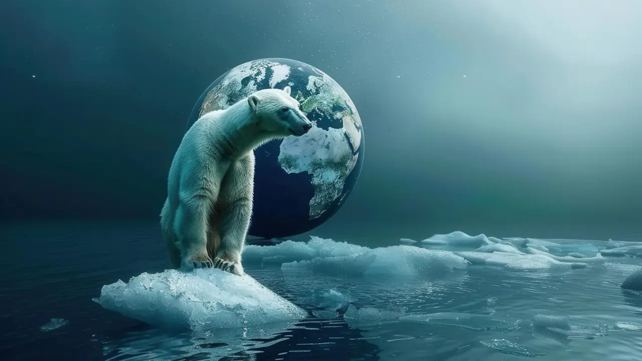 Imagem conceitual de aquecimento global: Uso polar sobre um pedaço de gelo, com o globo terrestre ao fundo