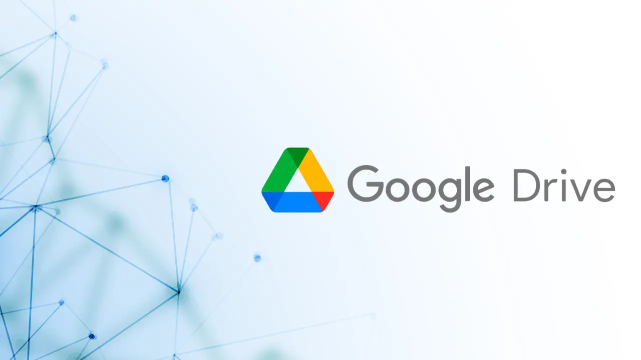 Logotipo do Google Drive com fundo abstrato de linhas azuis interconectadas.