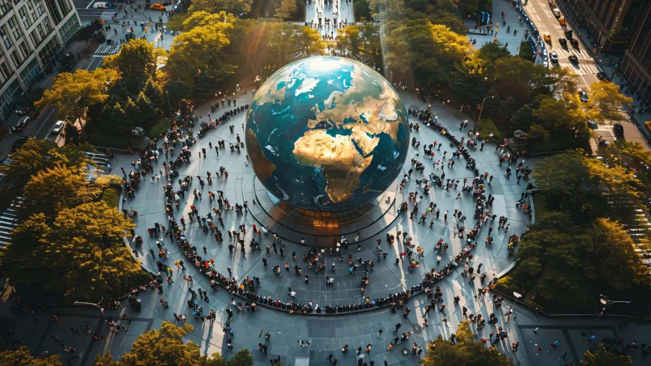 Vista aérea de uma grande praça com uma imensa escultura do globo terrestre ao centro. Muitas pessoas estão ao redor da escultura, formando círculos, enquanto a praça é cercada por árvores e ruas movimentadas. O globo exibe continentes detalhados, destacando-se contra o cenário urbano ao redor, com a luz do sol iluminando suavemente partes da cena. Imagem gerada digitalmente.