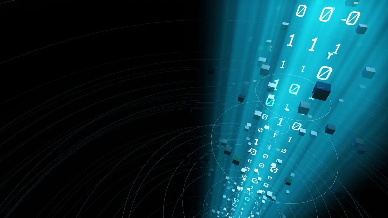 Representação visual de transmissão de dados, mostrando números binários (0 e 1) fluindo em um ambiente digital, com cubos e efeitos de luz azul indicando o fluxo de informação.