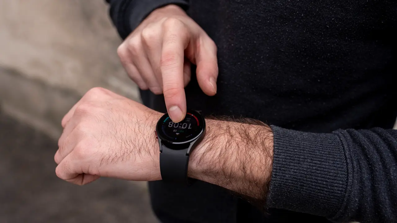 Homem utilizando um smartwatch preto no pulso, interagindo com a tela sensível ao toque, que exibe informações como o horário e dados de atividade física.