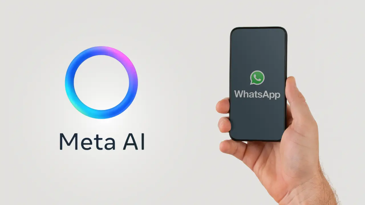 Imagem mostrando o logotipo "Meta AI" ao lado de uma mão segurando um smartphone com o logotipo do WhatsApp na tela